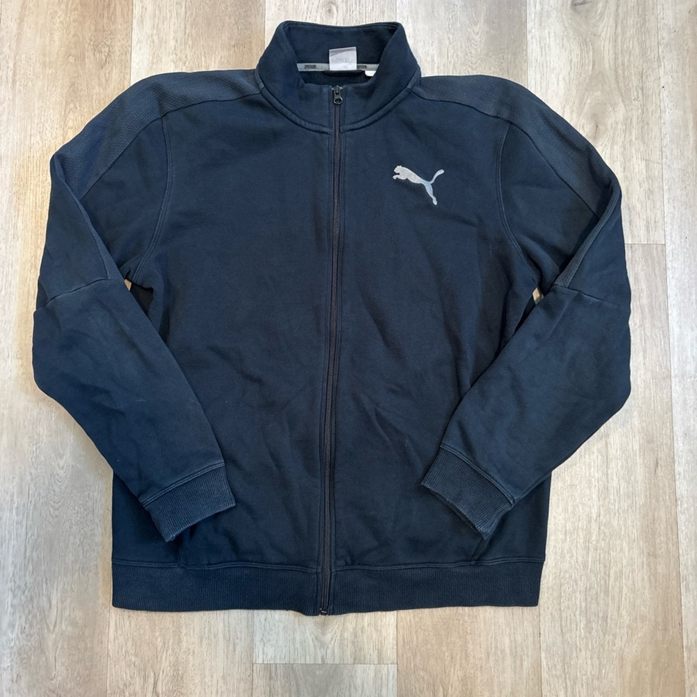 Puma Full Zip Up Men’s Black Fleece Track Jacket Logo Size Large